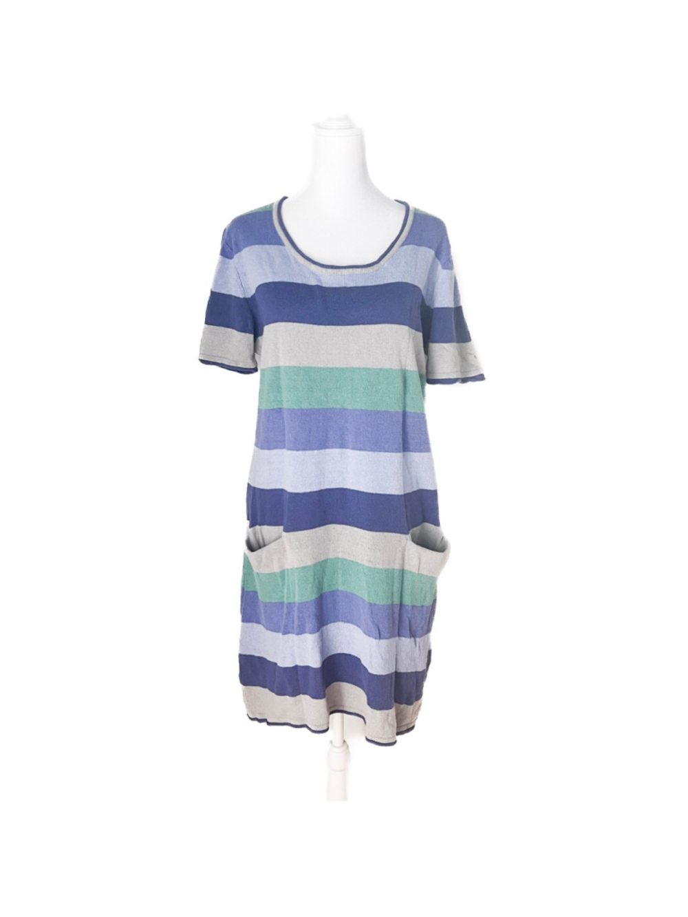 Gudrun Sjoden Linen Cotton Blend Striped Pocket Dress Blue Green Lagenlook M